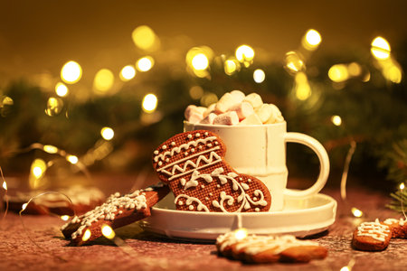 Cup of hot cocoa with gingerbread cookies on grunge table against blurred Christmas backgroundの写真素材