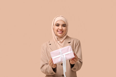 Happy young Muslim woman in hijab with gift box on beige backgroundの写真素材