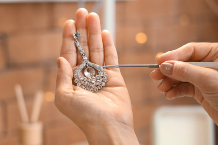 Female jeweler examining earring in workshop, closeup