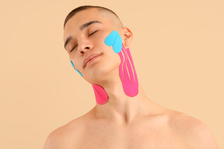 Young man with physio tape on his face against beige background, closeup