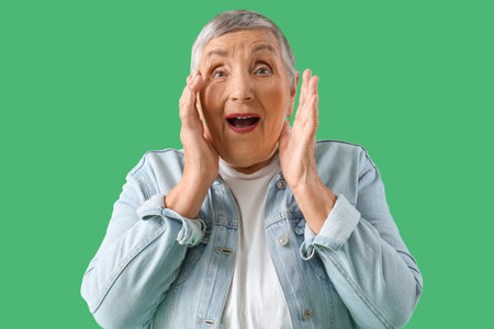 Surprised senior woman on green background, closeup