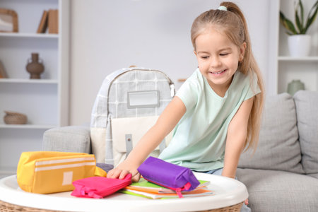 Cute little schoolgirl with pencil cases at homeの写真素材