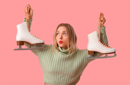 Beautiful young woman with ice skates on pink backgroundの写真素材