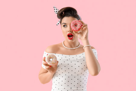 Shocked young pin-up woman with tasty donuts on pink backgroundの写真素材