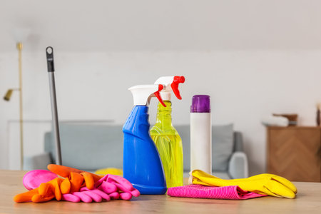 Bottles of detergent with rubber gloves on table in room, closeup