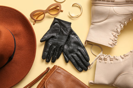 Set of female accessories with leather gloves and shoes on color backgroundの写真素材