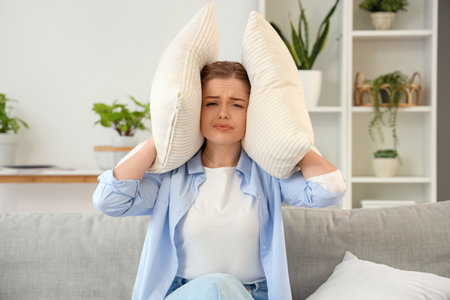 Young woman with pillows suffering from loud neighbors at homeの写真素材