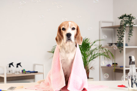 Cute Beagle dog after washing in grooming salonの写真素材