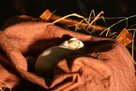 Manger with baby and hay. Concept of Christmas storyの写真素材