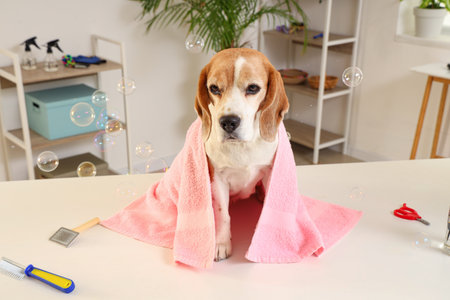 Cute Beagle dog after washing in grooming salonの写真素材