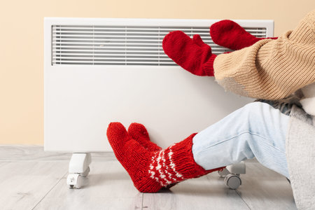 Young woman in winter clothes with warm plaid near electric heater at home. Concept of heating...