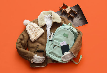 Backpack with warm clothes, world map, passport and cup of coffee on orange background. Winter vacation conceptの写真素材