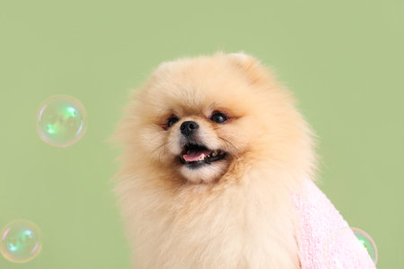 Cute dog with soap bubbles and towel on green backgroundの写真素材