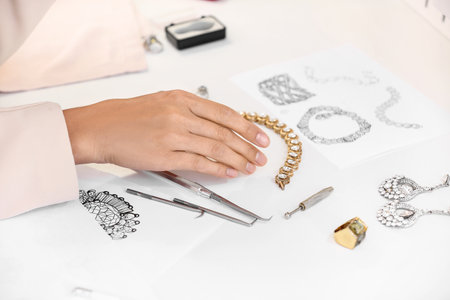 Female jewelry designer working with sketches of stylish accessories in officeの写真素材