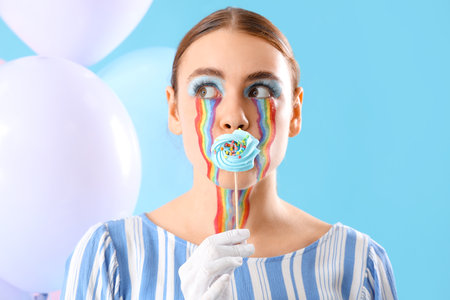 Young woman with painted rainbow on her face and candy against blue background, closeupの写真素材
