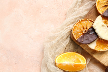 Wooden board with chocolate dipped dried orange slices on beige backgroundの写真素材