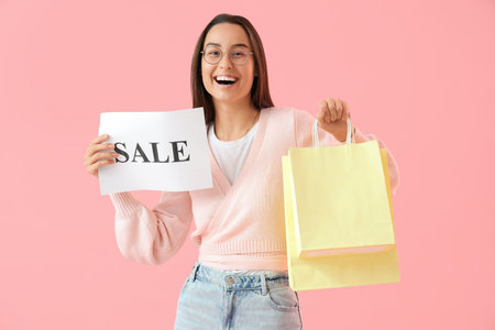 Female seller with SALE sign and shopping bags on pink background