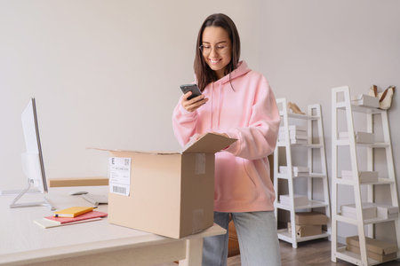 Female seller taking picture of open parcel box in warehouse store