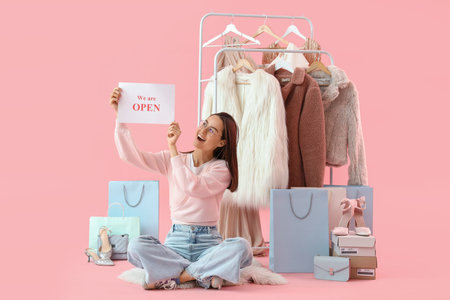 Female seller with OPEN sign, shopping bags and coat rack on pink background