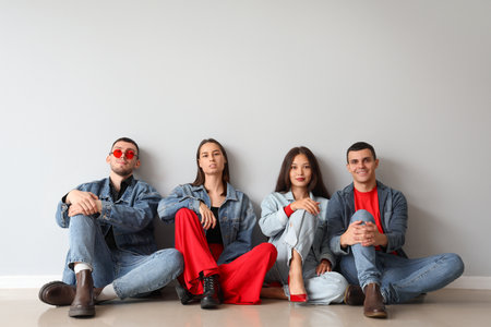 Group of young people in stylish denim clothes sitting near light wallの写真素材