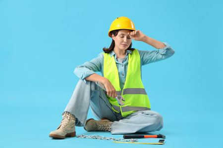 Female worker in reflective vest with tools sitting on blue background