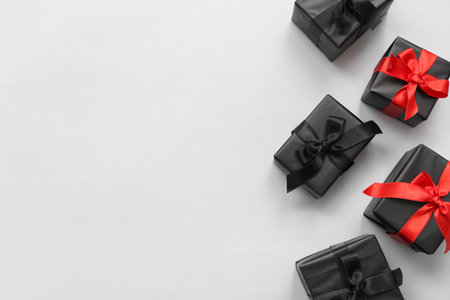 Many gift boxes on white background. Black Friday