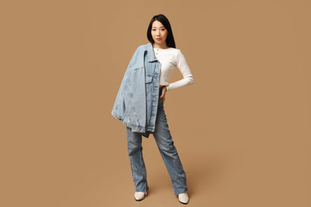 Beautiful young Asian woman in stylish denim clothes on brown background