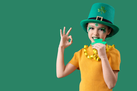 Funny girl with face painting, leprechaun's hat and golden chain showing OK on green background. St. Patrick's Day celebrationの写真素材