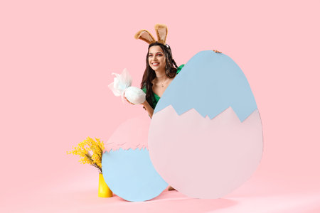 Beautiful woman in bunny ears with Easter gifts and paper eggs on pink backgroundの写真素材