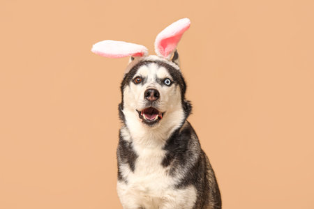 Cute Husky dog with bunny ears on beige background. Easter celebrationの写真素材