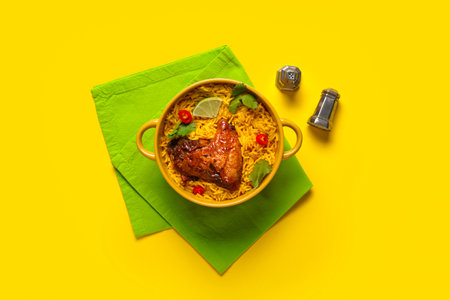 Bowl of traditional chicken biryani on yellow backgroundの写真素材