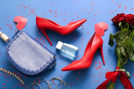 Composition with stylish female shoes, accessories and rose flowers on color background. Valentine's Day celebrationの写真素材