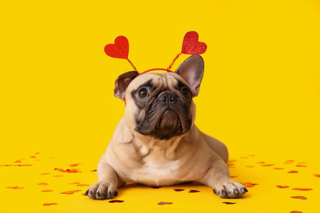 Cute French bulldog in hairband with hearts and confetti on yellow background. Valentine's Day celebrationの写真素材