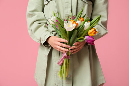 Young woman with bouquet of tulips on pink background. International Women's Dayの写真素材