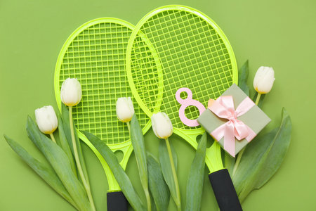 Composition with tennis rackets, beautiful tulip flowers and gift for International Women's Day on green background, closeupの写真素材