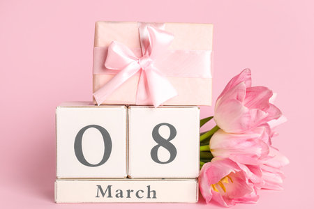 Cube calendar with date 8 MARCH, gift box and beautiful tulips on pink background. International Women's Dayの写真素材
