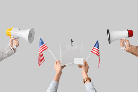 Hands holding ballot box, USA flags and megaphones on white background. Election concept