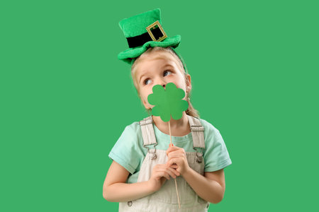Cute little girl with leprechaun's hat and paper clover on green background. St. Patrick's Day celebrationの写真素材