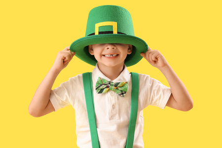 Cute little boy with leprechaun's hat on yellow background. St. Patrick's Day celebrationの写真素材