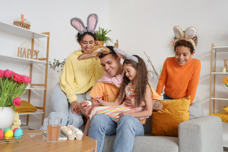 Happy family in bunny ears painting eggs at home on Easter Dayの写真素材