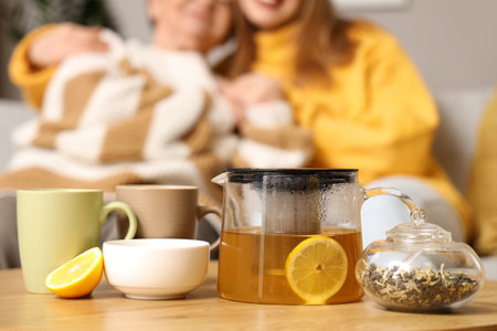 Teapot with cups and lemon on table in room, closeupの写真素材