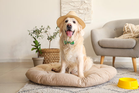 Cute Labrador dog in hat with bow tie on pet bed at home
