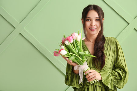 Happy young Asian woman with bouquet of beautiful tulips on green background. International Women's Dayの写真素材