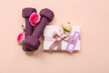 Composition with dumbbells, flowers and gift box for International Women's Day on color backgroundの写真素材