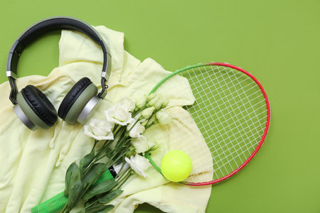 Composition with sports equipment, modern headphones, clothes and flowers for International Women's Day on green backgroundの写真素材