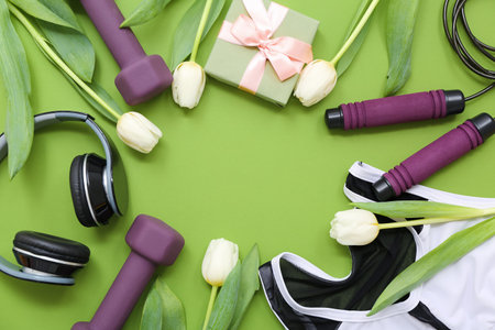 Frame made of sports equipment, headphones, tulip flowers and gift for International Women's Day on green backgroundの写真素材