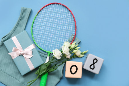 Composition with badminton racket, gift and flowers for International Women's Day on color backgroundの写真素材