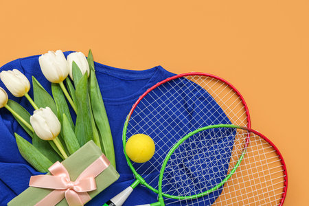 Composition with badminton rackets, clothes, gifts and tulips for International Women's Day on color background, closeupの写真素材