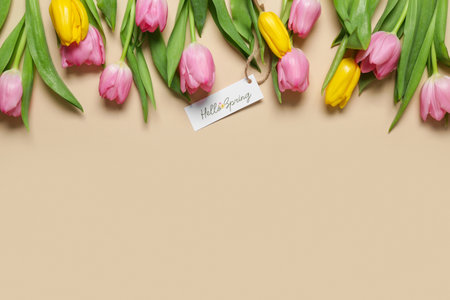 Card with text HELLO SPRING and beautiful tulips on brown backgroundの写真素材