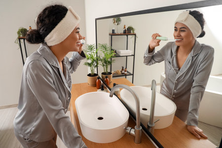 Young African-American woman brushing teeth near mirror in bathroomの写真素材